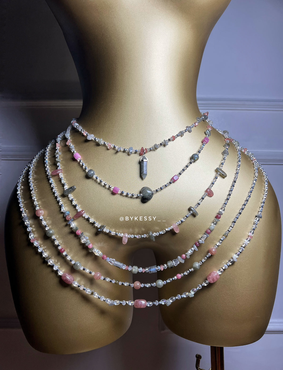 Labradorite x Strawberry Quartz Gemstone Waist Beads