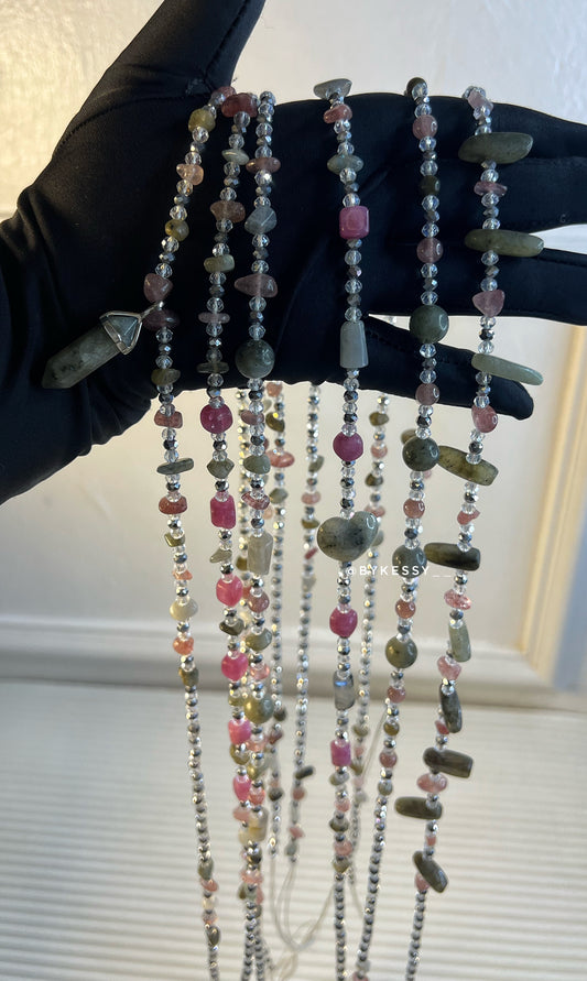 Labradorite x Strawberry Quartz Healing Crystal Waist Beads – For Protection, Love, Intuition & Weight Loss Tracking