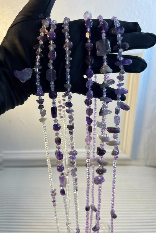 Amethyst Healing Crystal Gemstone Waist Beads – For Peace, Clarity, Anxiety Relief, Spiritual Balance & Weight Loss Tracking | Tie-On or Clasp