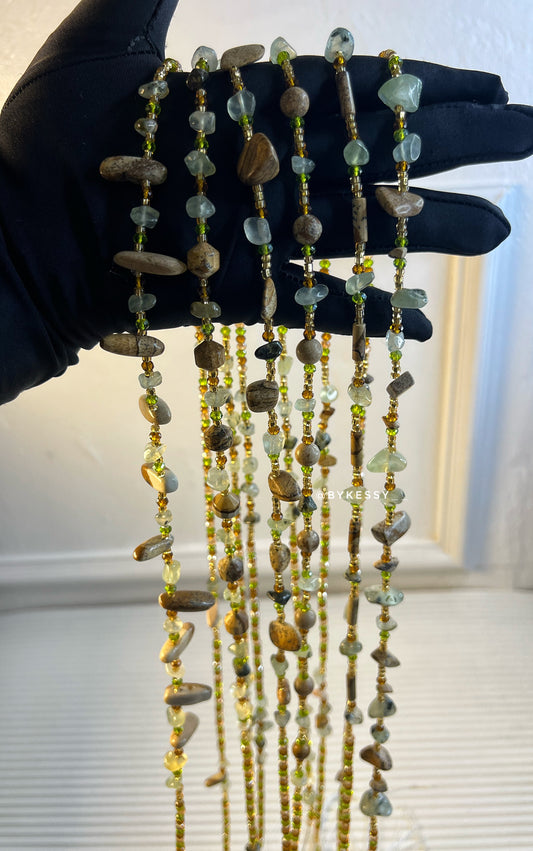 Prehnite X Picture Jasper Healing Crystal Waist Beads – For Grounding, Intuition, Memory, Emotional Healing, Sleep Support, Stress Relief & Weight Loss Tracking