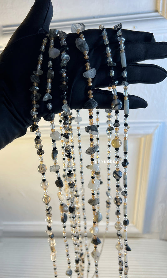 Tourmalinated Quartz Healing Crystal Waist Beads – For Protection, Energy Clearing, Grounding, Balance & Weight Loss Tracking