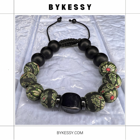 Black Matte Onyx X Green Floral Silicon Adjustable Bracelet