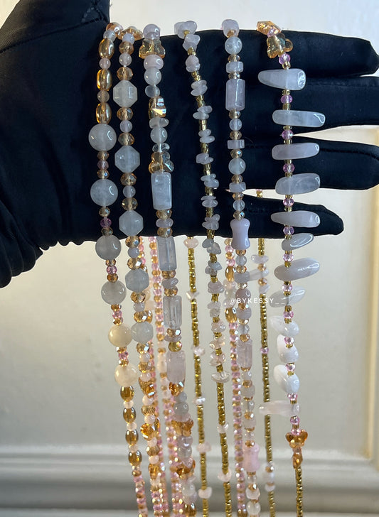 Rose Quartz Healing Crystal Gemstone Waist Beads – Self-Love, Emotional Healing, Heart Chakra, Love, Attraction & Weight Loss Tracking |Clasps & Tie-On