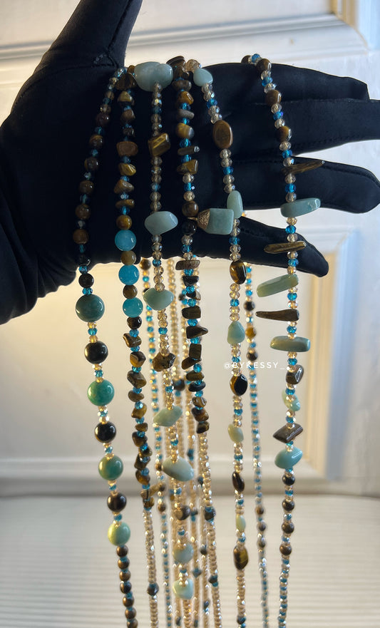 Amazonite x Tiger Eye Healing Crystal Waist Beads – For Courage, Confidence, Communication & Weight Loss Tracking