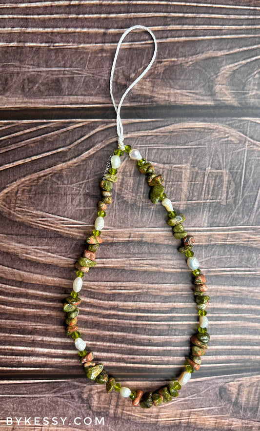 Unakite X Fresh Water Pearl Healing Crystal Phone Strap | Phone Chain | Key Chain