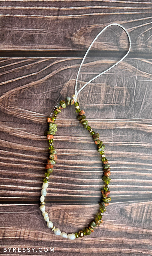 Unakite X Fresh Water Pearl Healing Crystal Phone Strap | Phone Chain | Key Chain (2)