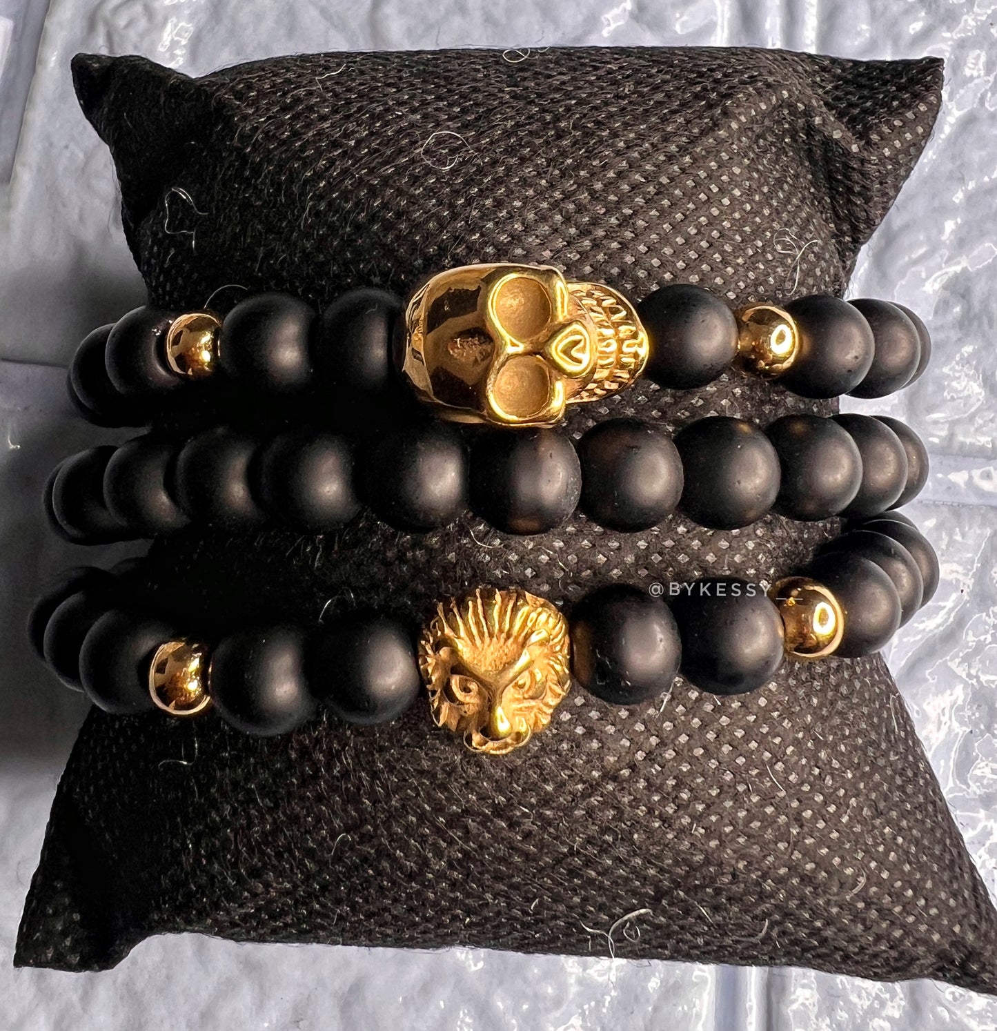 Black Matte Onyx X Gold Skull X Lion Head Steel Accessories (Set of 3 Adjustable Bracelets)