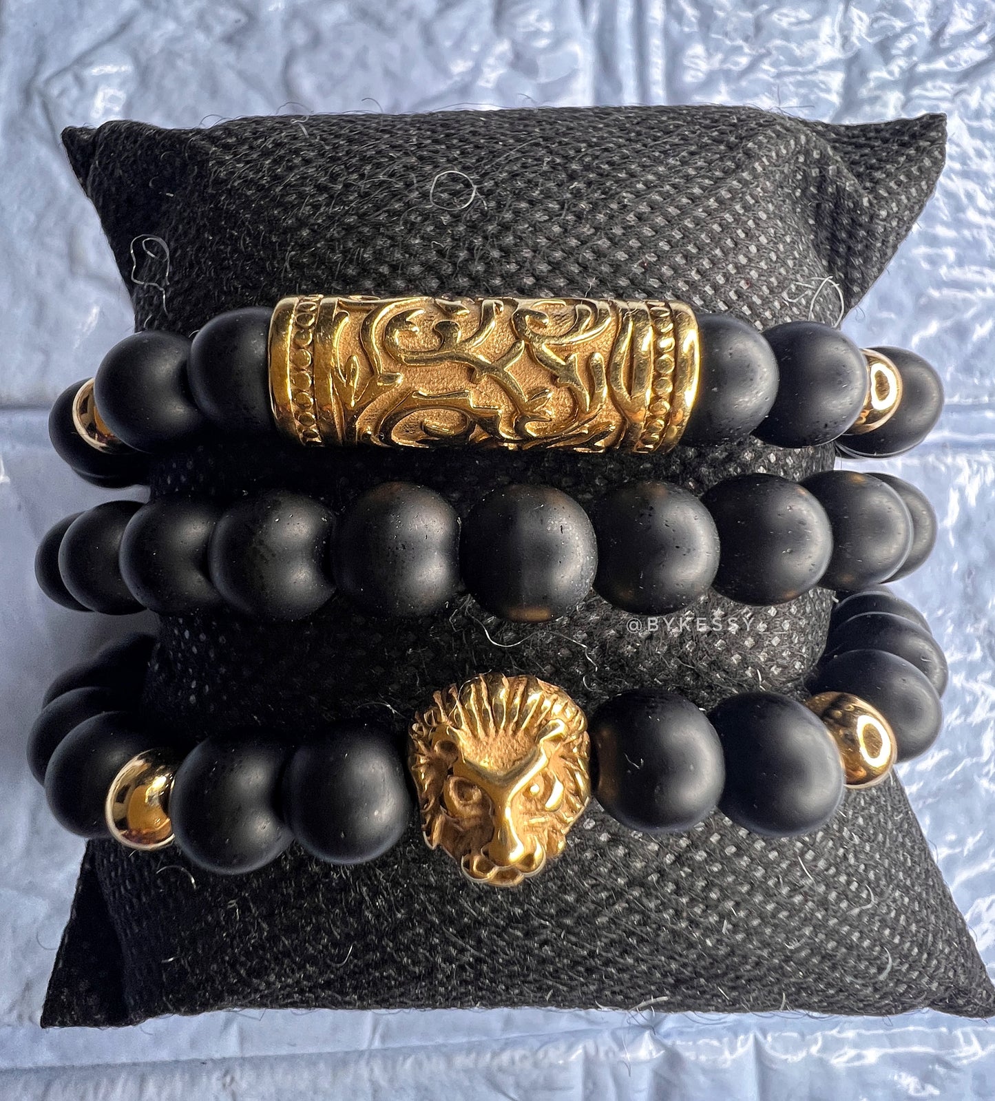 Matte Onyx Set of 3 Adjustable Bracelets X Gold Steel Accessories | Lion Head