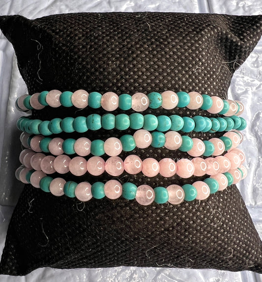 Rose Quartz X Turquoise Gemstone Bracelets (4mm) Set of 5