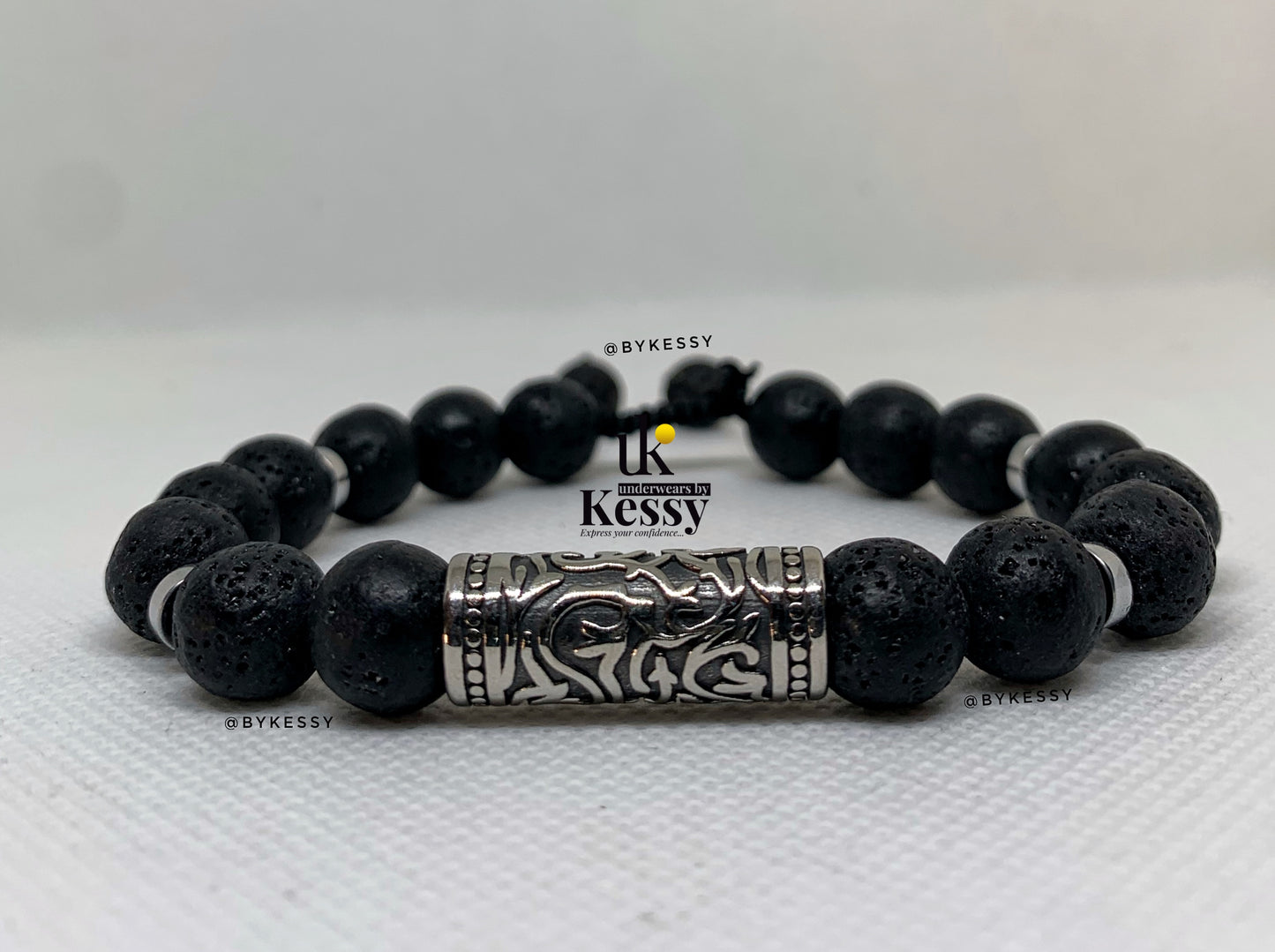 Black Lava Rock X Silver Stainless Steel Adjustable Bracelet