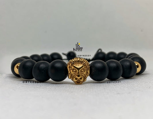 Black Matte Onyx X Lion Head Gold Stainless Steel Adjustable Bracelet