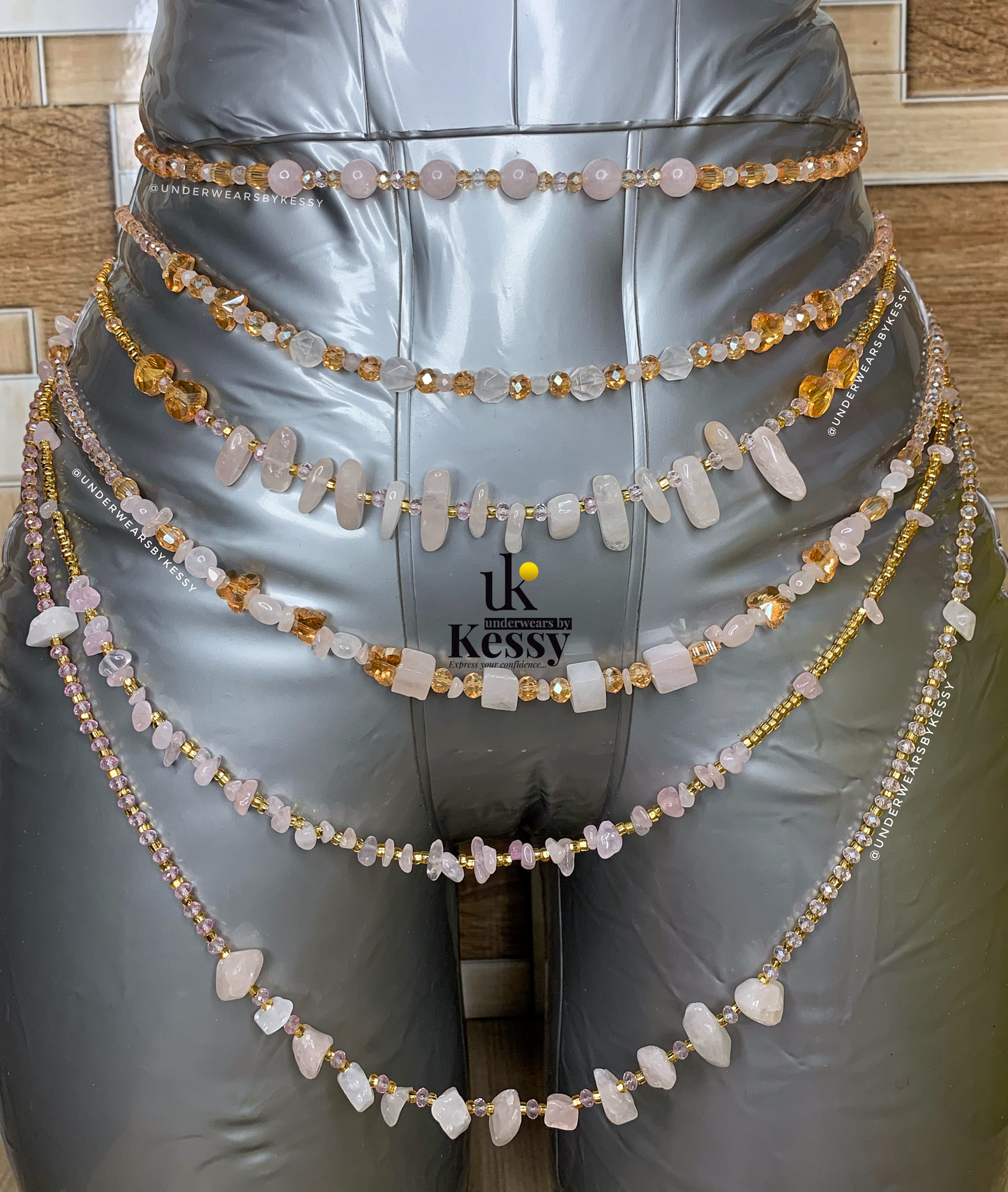 Rose Quartz Crystal Waist Beads (Pink, Gold)