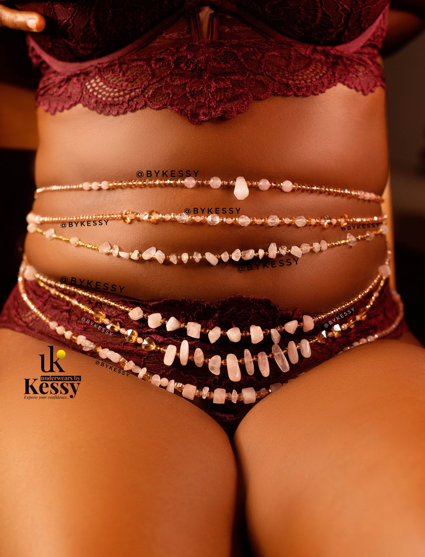 Rose Quartz Crystal Waist Beads (Gold)